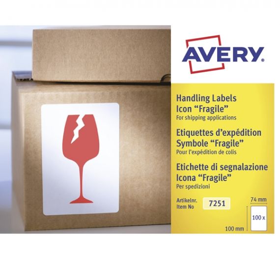 ETICHETTA AVERY PER SPEDIZIONE STAMPA FRAGILE MM74X100 200ETICHETTE PER ROTOLO